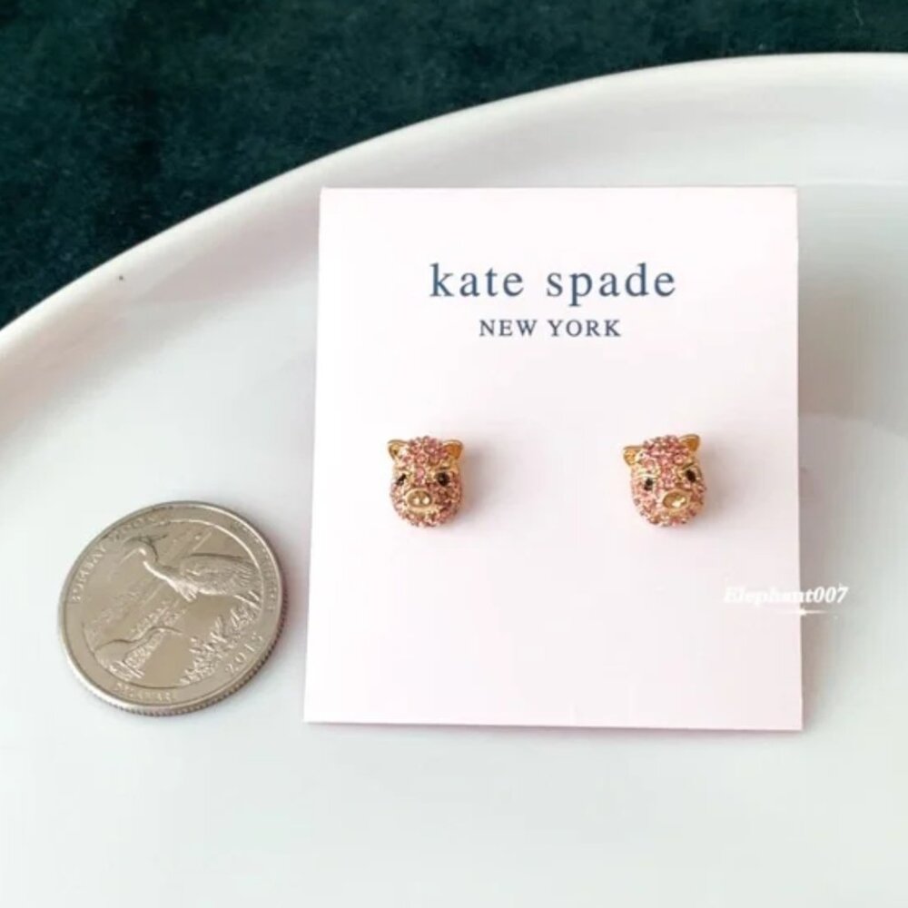 Kate Spade Pig Stud Earrings Pink Crystal Animal Cute Gold Tone Playful Y2K - Picture 3 of 3